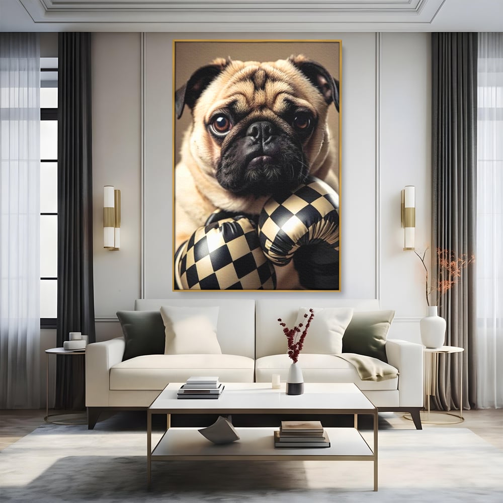 Tablou canvas cu tablou canvas cu pug in manusi de box, in rama de aluminiu auriu, pe perete intr-un living